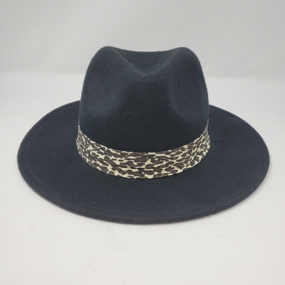 NINE WEST BLACK FEDORA HAT 100% WOOL CHEETAH PRINT BAND WOMEN OS - Picture 7 of 13
